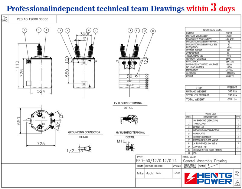 Eenfase-olie ondergedompelde stap-down-vermogenstransformer IP65 niveau 25 Kva 100 Kva 250 Kva